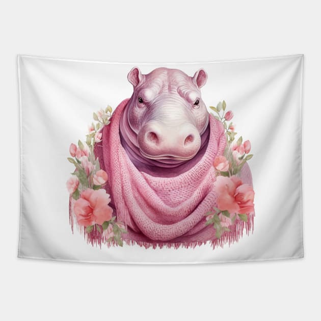 Pink Christmas Hippo Tapestry by Chromatic Fusion Studio