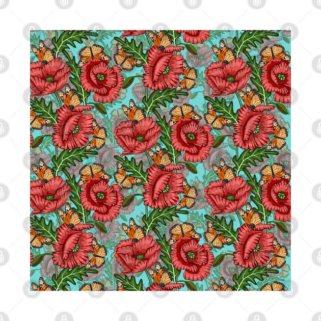 Poppies Flowers And Butterflies Pattern by Designoholic