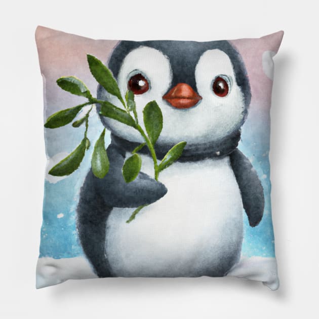 Penguin- Pucker up. Cute penguin with mistletoe Pillow by Off the Page