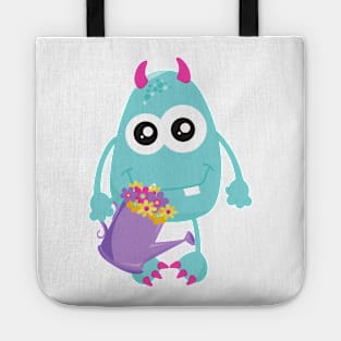 Spring Monster, Blue Monster, Flowers, Horns Tote