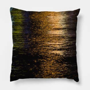 Abstract night lights sea shiny bronze brown black reflection Photo of glistening shining water Pillow