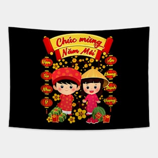 Li Xi Me Please Chuc Mung Nam Moi Vietnamese Boy Girl Ao Dai Tapestry