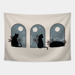 Three minimalist black cats with plants in boho vintage style Tapestry