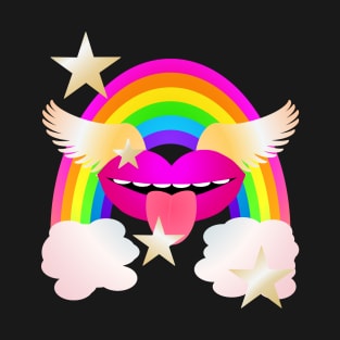 Groovy Winged Lips, Rainbow and Stars - PINK T-Shirt