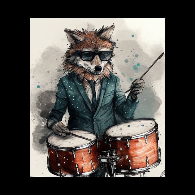 Watercolor Art Wolf Playing Drums by SNstore