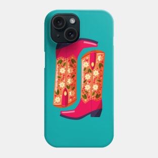 A pair of cowboy boots decorated with flowers on blue background. Vibrant and colorful vector illustration. Phone Case