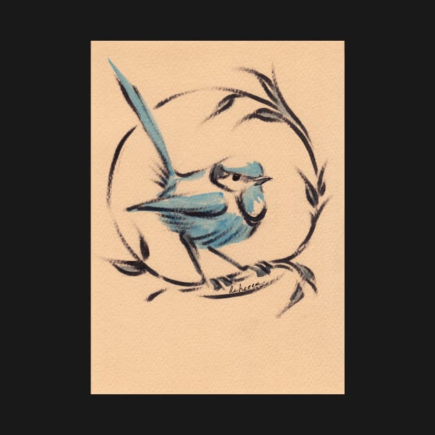 Little Blue Bird:   Sumi-e painting on vintage watercolor paper by tranquilwaters