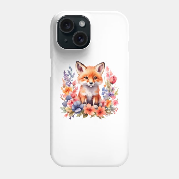 A red fox decorated with beautiful colorful flowers in a watercolor illustration Phone Case by CreativeSparkzz