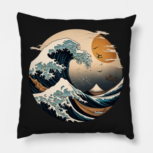 Sunset during the great wave off katsushika hokusai Pillow