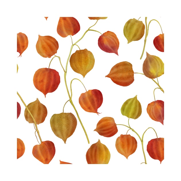 Physalis flowers watercolor seamless pattern. Golden berry plants. Cape gooseberry buds. Colorful autumn leaves structure by likapix