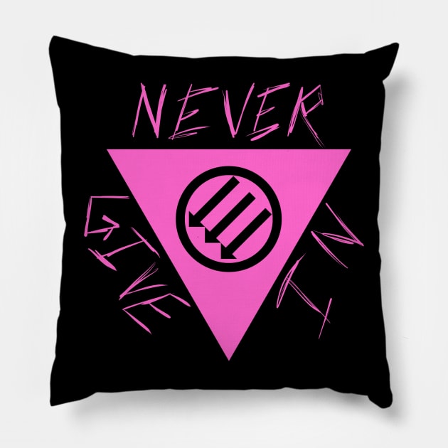 NEVER GIVE IN - Queer Antifa Triangle Pillow by SaxPon3_UmiZee