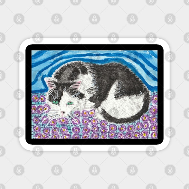 black white cat watercolor painting Magnet by SamsArtworks