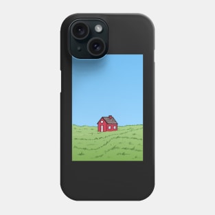 Small red house in the middle of a green meadow against a blue sky Phone Case