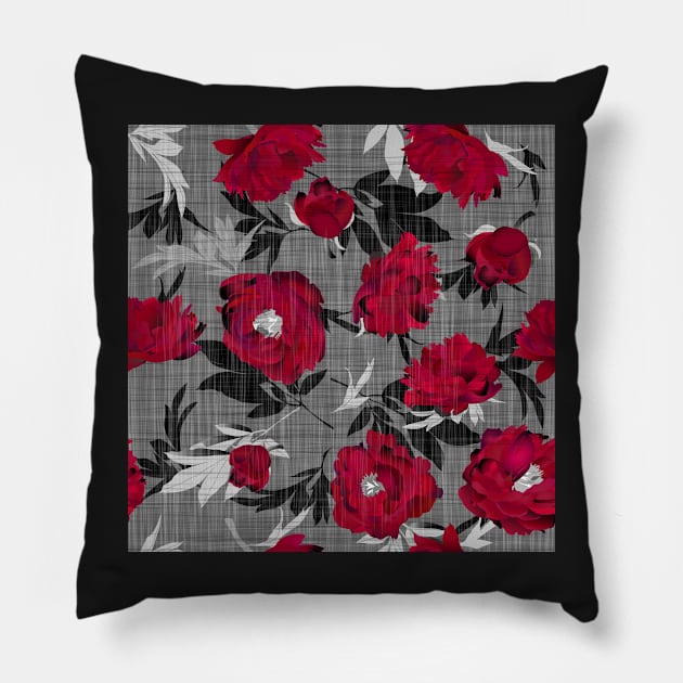 Red peonies on a gray linen structure Pillow by kobyakov