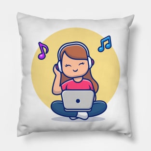 Girl Listening Music With Headphone And Laptop Pillow