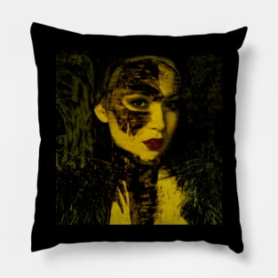 Beautiful girl, with mask. Like royal, but dark. Yellow and green light, red lips. So beautiful and calm. Pillow