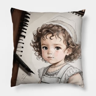 Pencil drawing. Portrait of a little girl Pillow