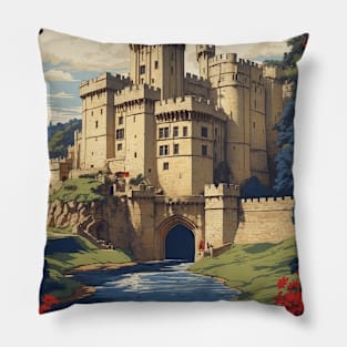 Warwick Castle United Kingdom Vintage Travel Tourism Poster Pillow