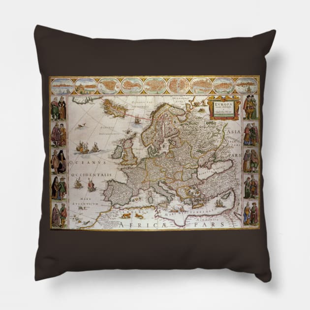 Antique Map of Europe by Willem Jansz Blaeu, c1617 Pillow by MasterpieceCafe