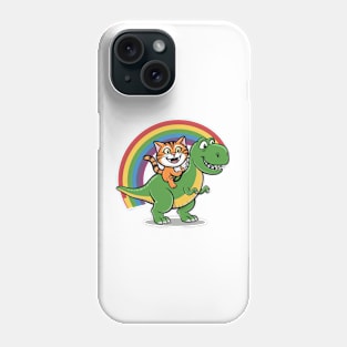 A Cat RIding A Dinsaur Rainbow Background Funny Cartoon Phone Case