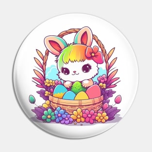 Easter Bunny In Basket. Spring Rainbow Flowers and Easter Eggs Pin