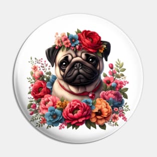 A pug decorated with beautiful colorful flowers. Pin