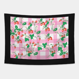 Cottagecore Strawberry Patch on Pink Gingham Tapestry