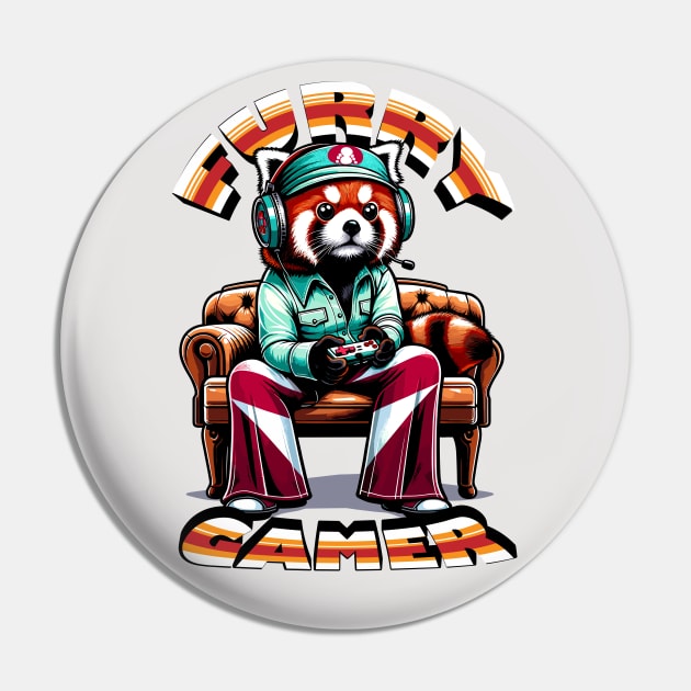 Red Panda gamer - Retro Gaming Bliss Pin by TimeWarpWildlife