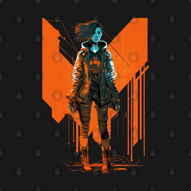 Cyberpunk Girl On Orange Neon Background by Nightarcade