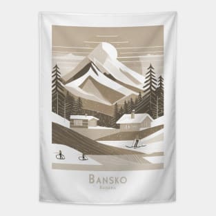 Vintage Retro Minimal Travel Sepia-Toned Bansko Ski Resort Tapestry