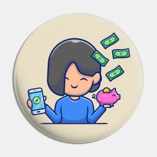 Cute Girl Holding Phone And Piggy Bank With Money Pin