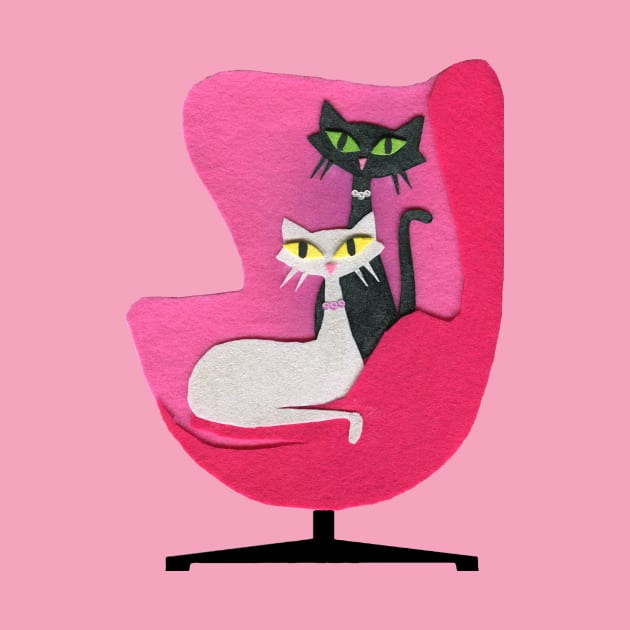 Mid Century Atomic Cats in Pink Chair by DeerSpiritStudio