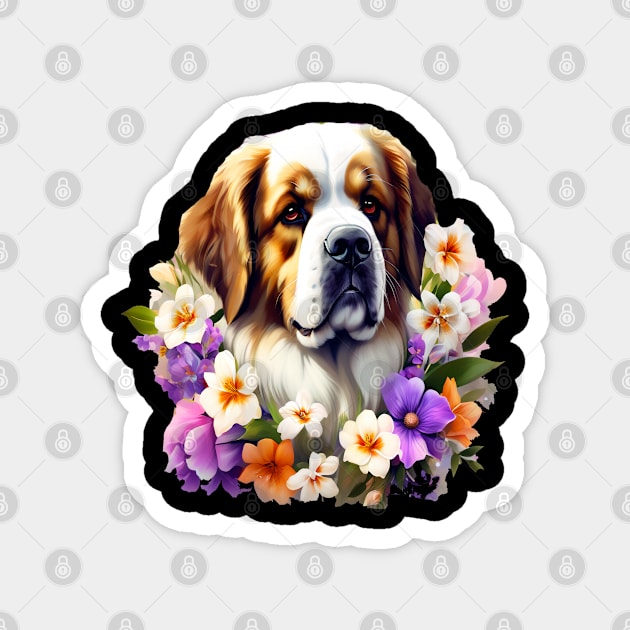 Saint Bernard Dog Surrounded by Beautiful Spring Flowers Magnet by BirdsnStuff