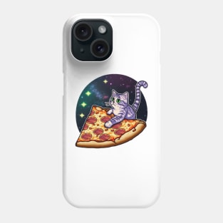 A cat riding a slice of pizza in space Phone Case