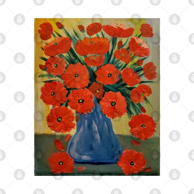 vintage look painting of poppies in A blue vase. by kkartwork