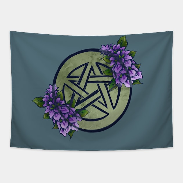 Purple Flower Pentacle Wicca Pentagram Tapestry by bubbsnugg