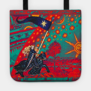 FEMALE KNIGHT OF STARS HORSEBACK IN NIGHT BLUE, RED ,YELLOW AND FLAMMARION Surreal Cosmic Sky, Sun And Moon Tote