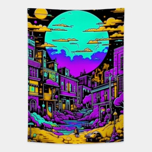 Psychedelic Abandoned Cityscape at night Tapestry