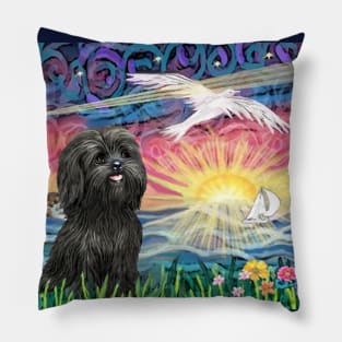 At the Shore with an Adorable Black Shih Tzu Pillow