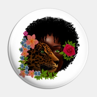 Afro African Woman with Leopard, Tropical Floral Pin