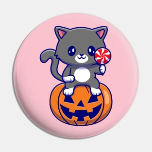 Cute Cat Sitting On Pumpkin Halloween Holding Candy  Cartoon Pin