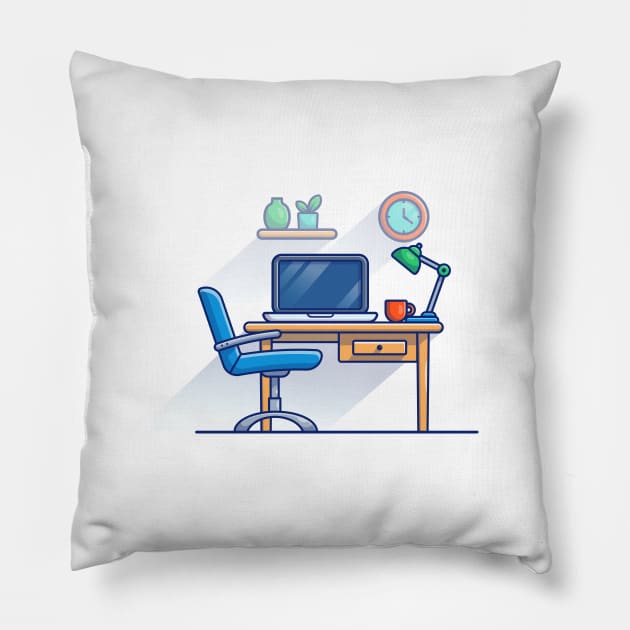 Work Bench, Desk, Laptop, Lamp, Plant, Cup, Clock And Floating Shelves Cartoon Pillow by Catalyst Labs