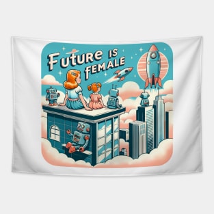 Future is Female -  Retro Futuristic Cityscape Tapestry