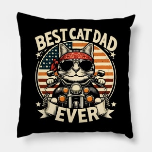 Funny Cat Lover Fathers Day Motorcycle Rider Best Cat Dad Ever 4th Of July Pillow