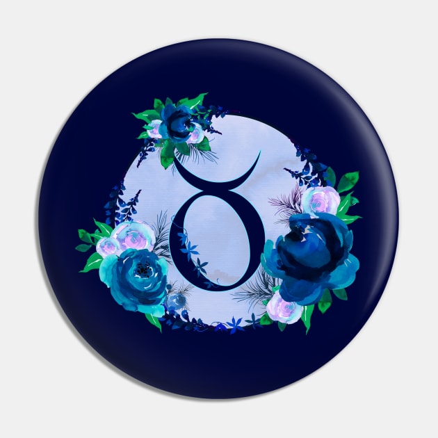 Taurus Zodiac Horoscope Blue Floral Monogram Pin by bumblefuzzies