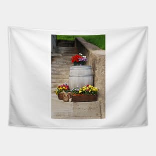 Pansies and Wooden Barrel 2 Tapestry
