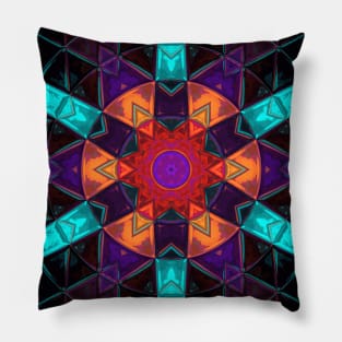 Mosaic Kaleidoscope Flower Blue Red Purple and Orange Pillow