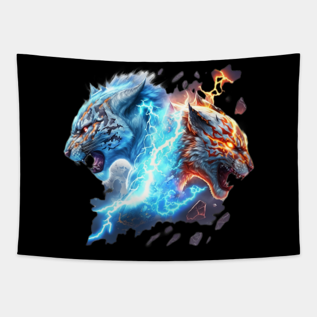 Elemental lightning tigers fire and ice battle - Lightning Tiger - Tapestry  | TeePublic