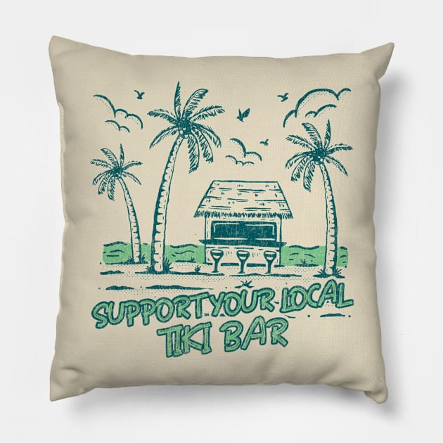 Support Your Local Tiki Bar Vintage Palm Tree on the Beach Vibe Pillow by Joaddo