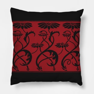 Floral Art Noveau Assyrian Influenced Horizontal Stripe Pattern Black and Red Pillow